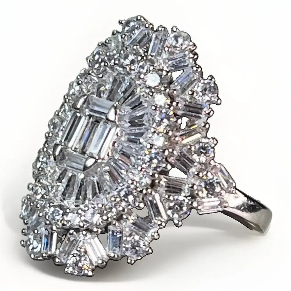 925 Sterling Silver CZ Baguette Cluster Statement Cocktail Ring Size 6.5